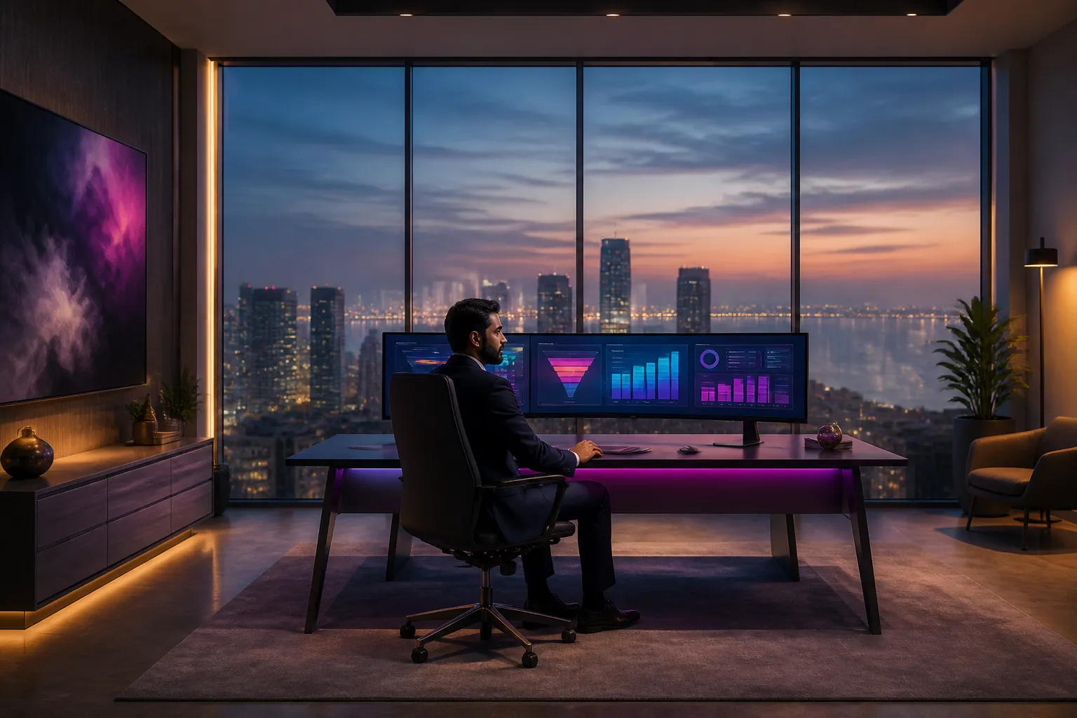 Commercial real estate broker reviewing AI-powered lead pipeline data at desk with city skyline view